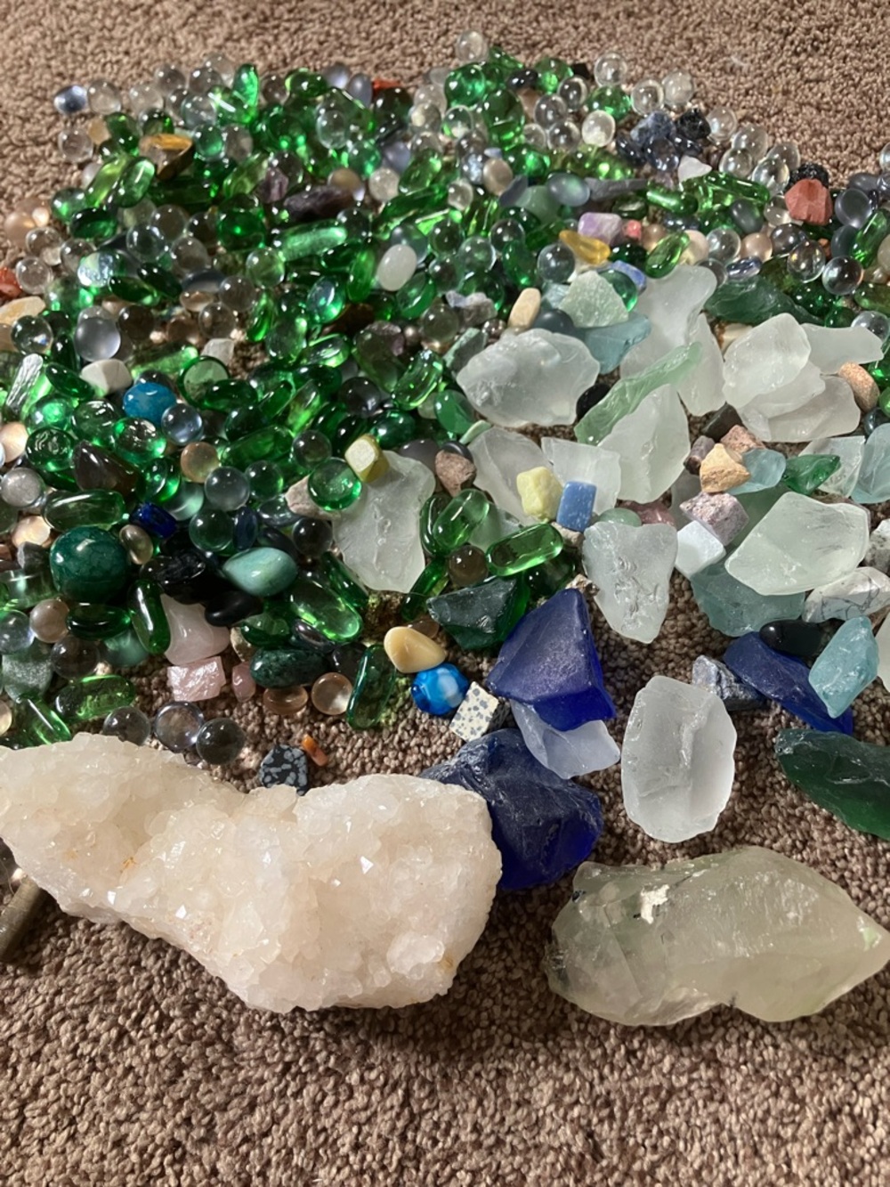 Mixed Sea Glass & Decorative Gemstones - Green, Blue, White